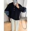 Retro hooded twist splicing denim knitted sweater top autumn new loose design sweater pullover woman