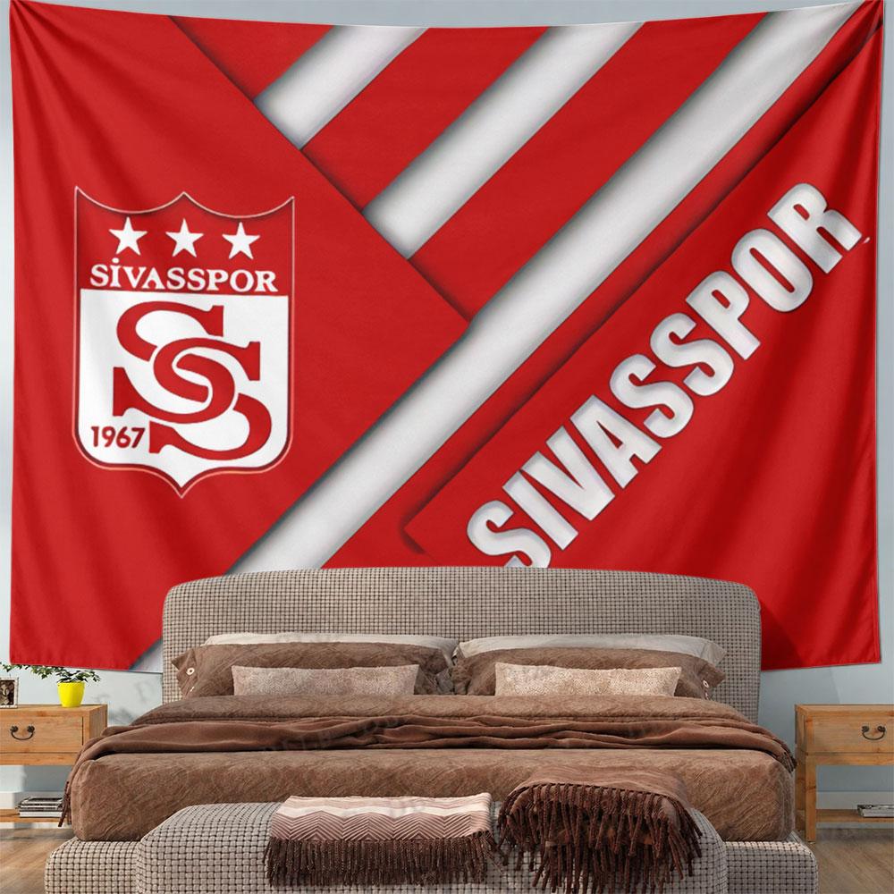 Diagonal red and white design with "Sivasspor" text and logo. Patterned tapestry for bedroom and living room home decor
