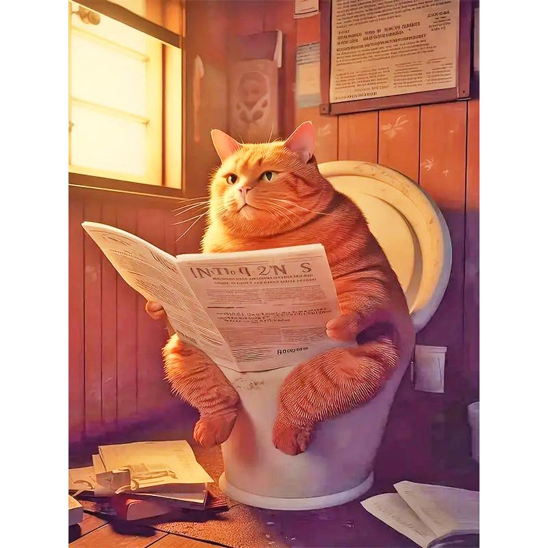 

Алмазная живопись Животное Сделай сам Полная мозаика Кот Туалет Читающий газету Искусство Стразы Картинки Набор для декора стен ванной комнаты Round 30x40cm