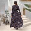 A-Line Dress Women Floral Print Ankle-Length Long Sleeve Casual High Waist Spring Summer V-neck Elastic Dresses