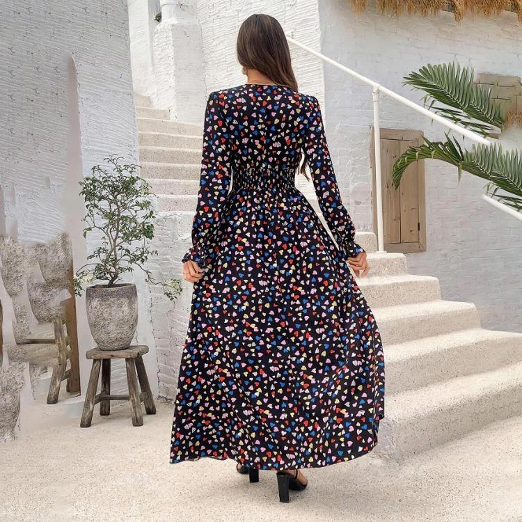A-Line Dress Women Floral Print Ankle-Length Long Sleeve Casual High Waist Spring Summer V-neck Elastic Dresses