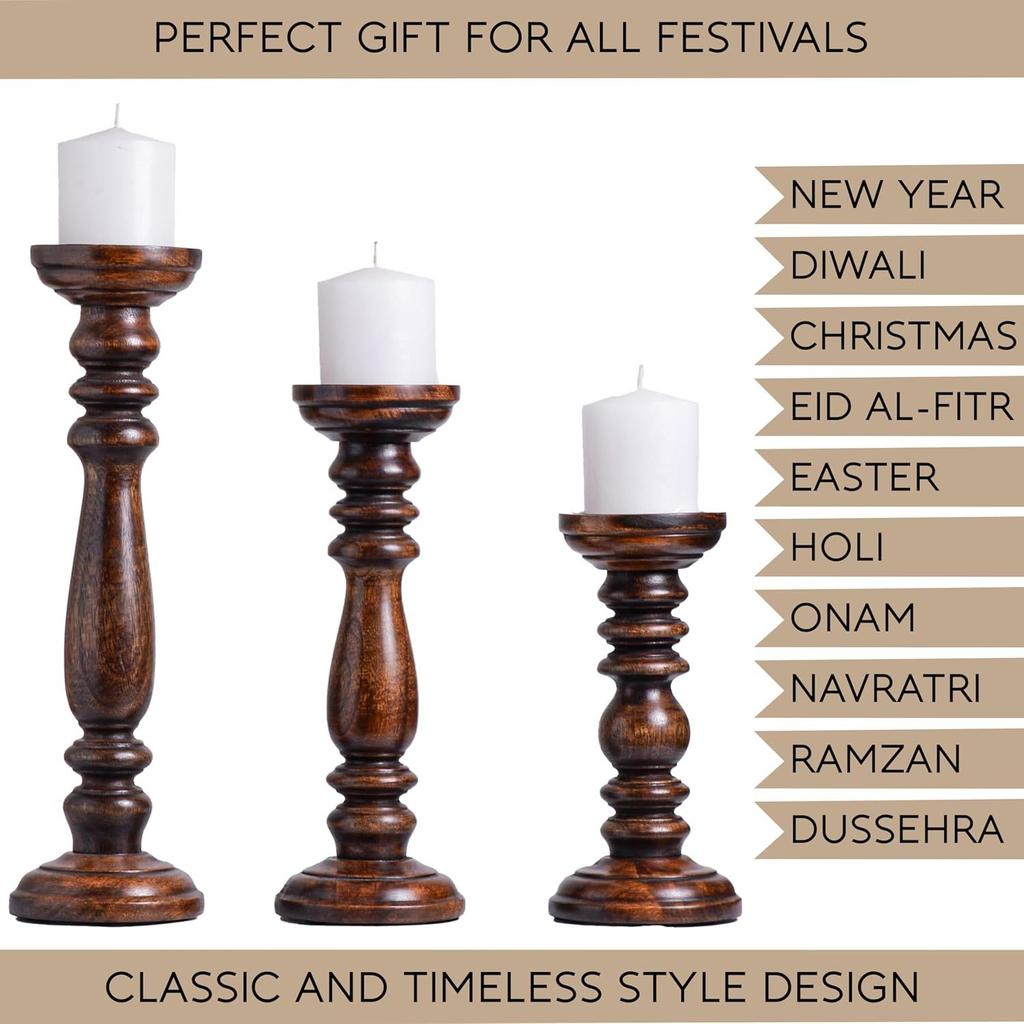 Wooden Candle Holder Stand with 3 Free Candles for Home & Table Decoration Best Handmade Gift for Christmas New