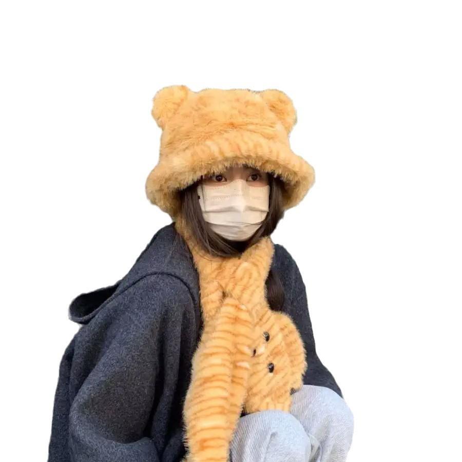 Korean New Scarf Hat Two Piece Set Cute Cartoon Leopard Plush Fisherman Hat Warm and Cold-proof Scarf