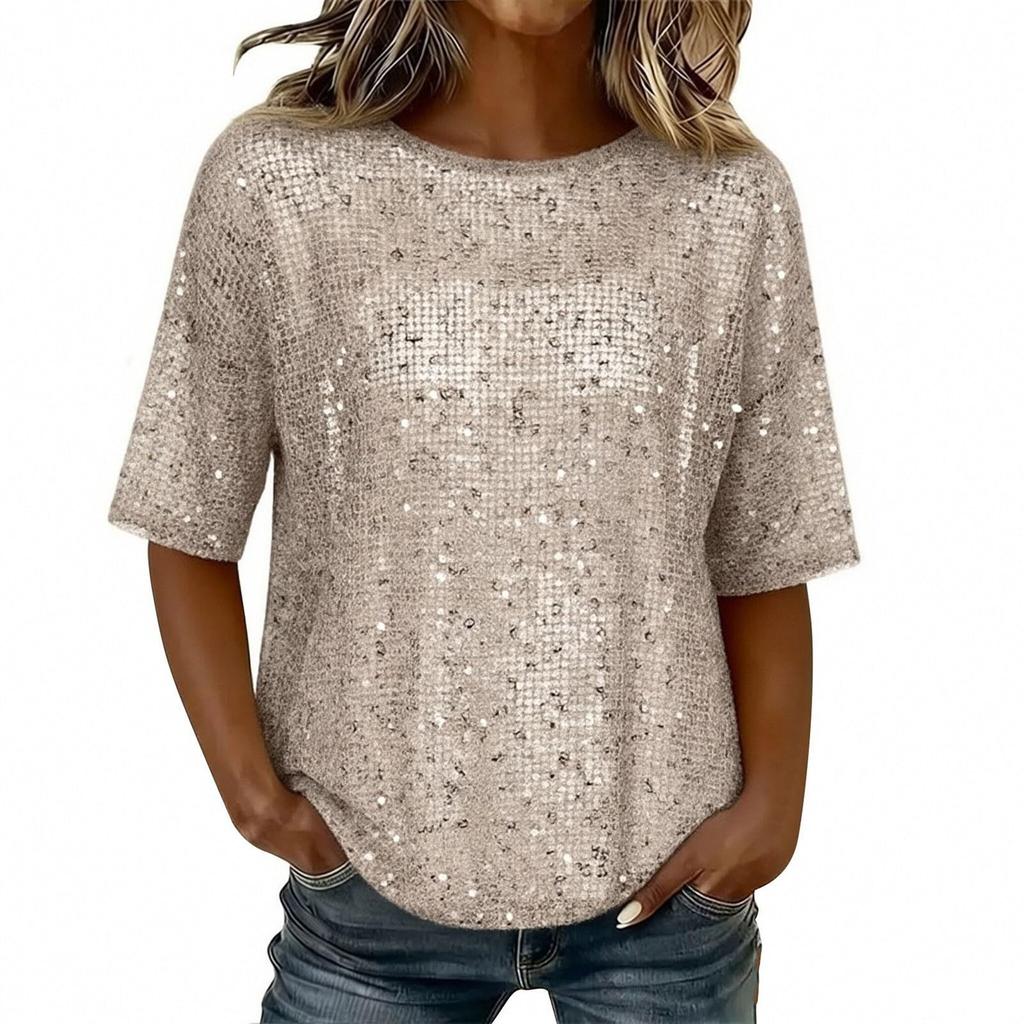 Womens Spring Tops Loose Fit Sequin Blouse Summer Shirts for Women Casual Crewneck Short Sleeve Womens Summer Shirts