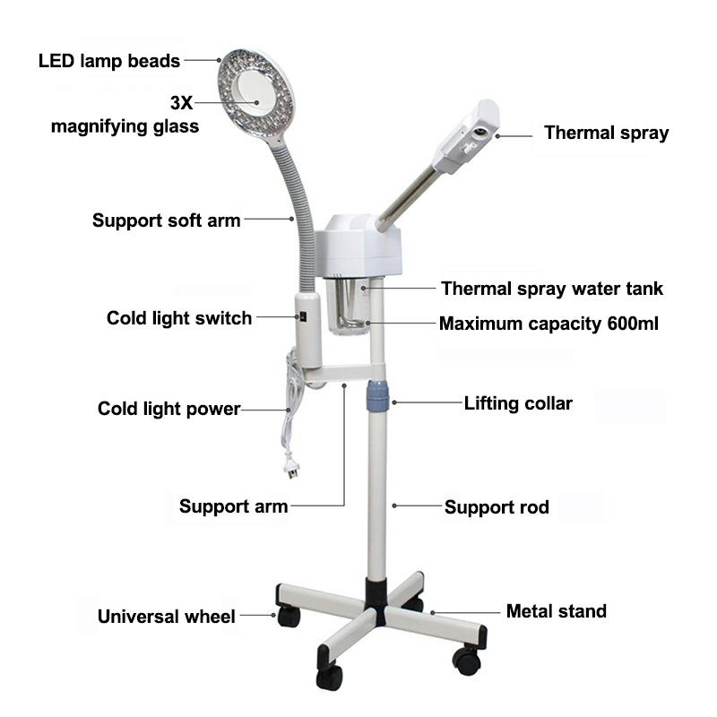 750W Nails Accessoires Facial Steamer LED 3X Magnifying Floor Lamp Machine Multifunction Spa Professional Humidif Manicure 2in1