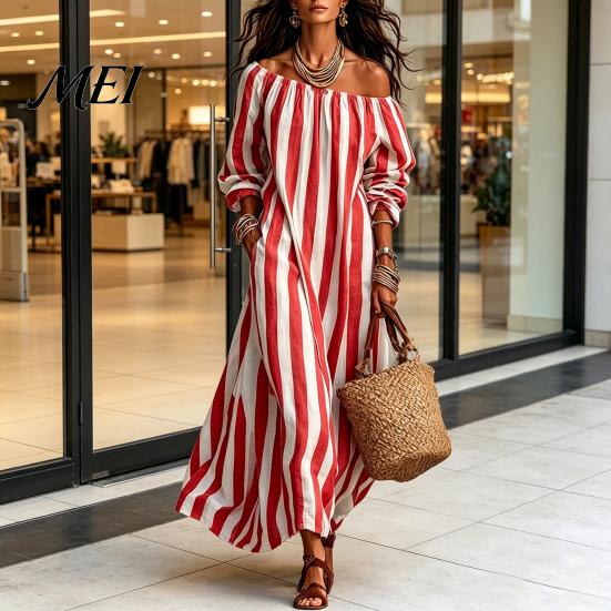 Soft Summer Dress Women Striped Long Dress, Off Shoulder Sleeve Casual with Side Pocket Ankle Length Loose Swing Clothing