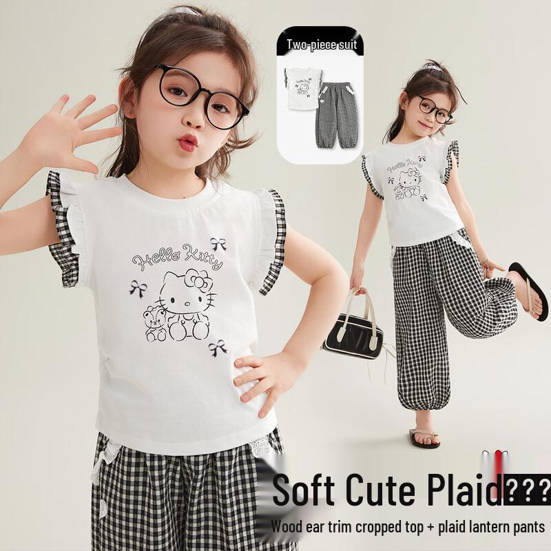 Hello Kitty Girls  Ruffle Top & Plaid Lantern Pants Summer Set 160