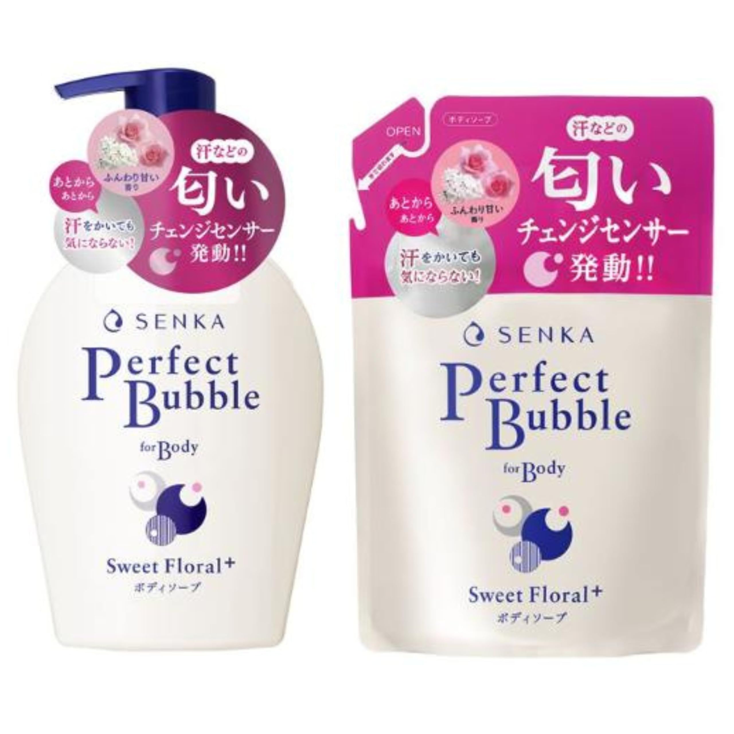 

[Set] Senka Perfect Bubble for Body Sweet Floral f Main Bottle 500ml + Refill 380ml 2-Piece Set. Body soap that cares for bothersome odors throughout