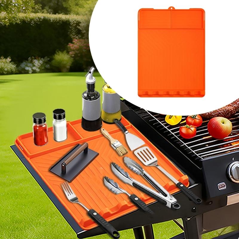 Outdoor Barbecue Shelf Pad for Serving Changes, Flexible BBQ Side Pad with Split Bays, Spill Lip and Rest Cuts