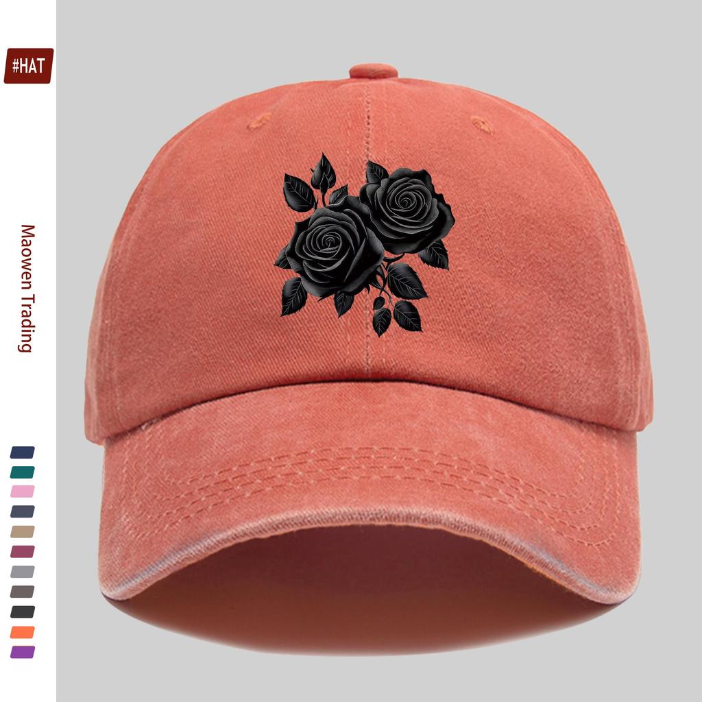 pc Elegant Black Rose Pattern Printed Baseball Cap Truck Driver Papa Hat Comfortable Lightweight Headwear Adjustable Closure
