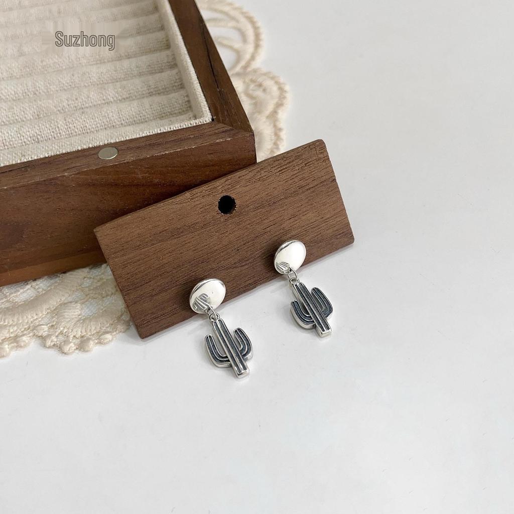 Korean Trendy s925 Sterling Silver Cactus Stud Earrings for Women - Retro Style, Simple, and Stylish.