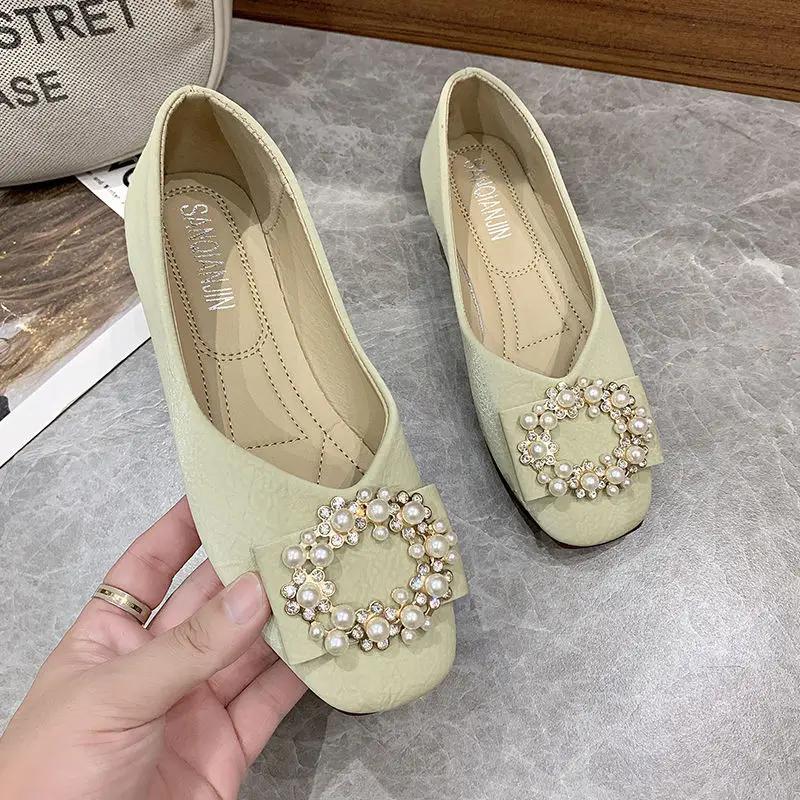 Fashion Pearl Woman Flats White Yellow Square Toe Shoes for Women High Quality Fashion Genuine Mark Casual Shoe Stylish on Offer 39 Sale