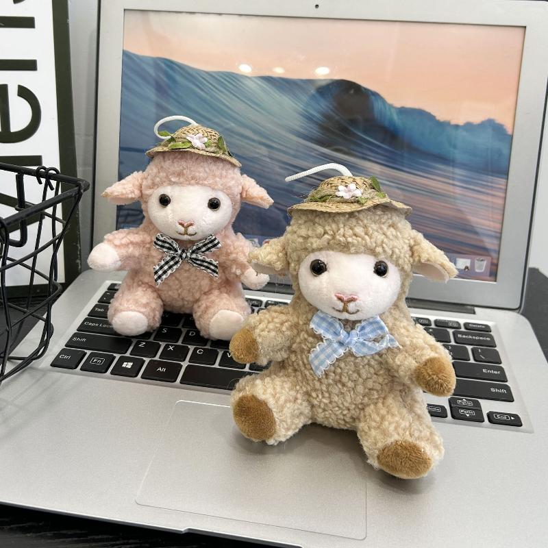 Cute Soft Plush Sheep Keychain Fluffy Straw Hat Plaid Bow 1Pcs Portable Key Ornament for Travel Backpack Decor