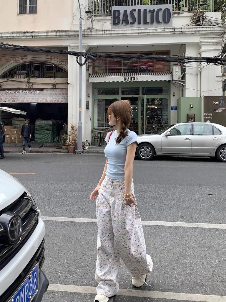 White Fish Print Jeans: 2025 Spring/Summer Women's Loose Casual Wide-Leg Pants