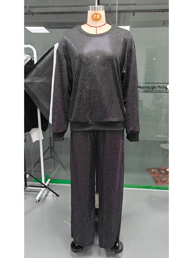 Damski luźny top z długim rękawem i szerokie spodnie ze sznurkiem, dwuczęściowy zestaw w gwieździsty wzór