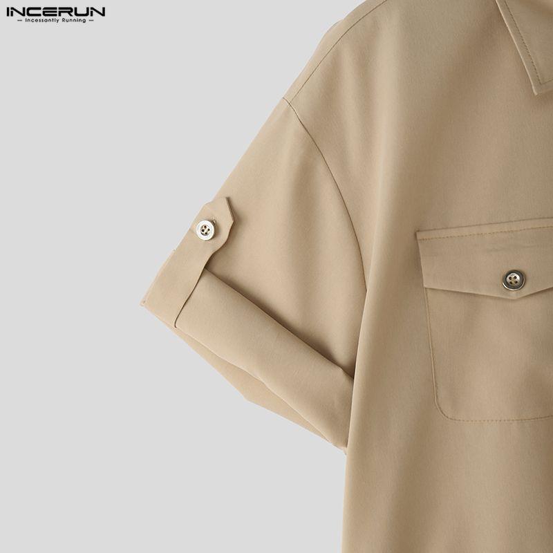 INCERUN Men Short Sleeve Zip-up Jumpsuits Casual Long Cargo Rompers Overalls
