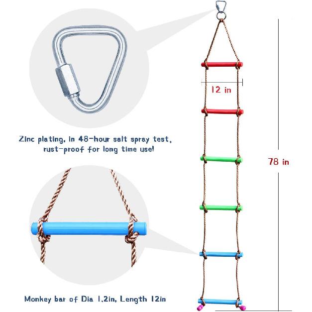 Rainbow Craft 6.6FT Climbing Rope Ninja Ladder for Kids - Kids Ninja Warrior Obstacle Course Accessories - Swing Rope Ladder
