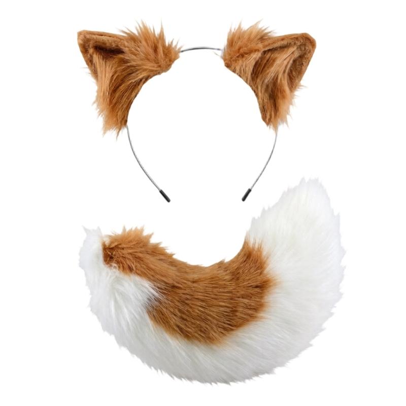 Realistic Foxes Tail And Ears Set For Women Cosplay Faux Furs Costume Headband and Tail Convention Role Play Accessories
