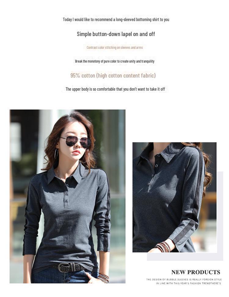 Lapel Long-Sleeved Cotton T-Shirt for Women - Plus Size, Loose Fit, Pure Cotton