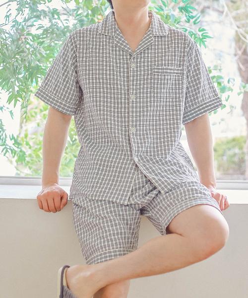 [Pink Zone] Seersucker Men's Check Short Sleeve Pajama Set [Shipped from Korea] 100% Authentic