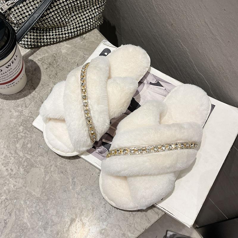 Papuci Mao Mao cu lanț încrucișat 2025 toamnă și iarnă nou versiune coreeană talpă plată cald de interior bumbac mop modă pantofi de pluș