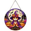 Cute Halloween cat witch themed round wooden hanging plaque spooky pumpkin floral wall sign indoor outdoor home festival party decor gift
