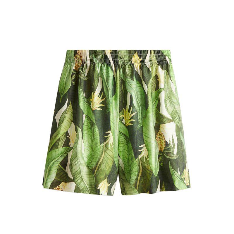 

Summer Women s Clothing Casual Style Print Casual All-Matching Tops + Pleated High Waist Elastic Waist Shorts 1294677 Green pants L