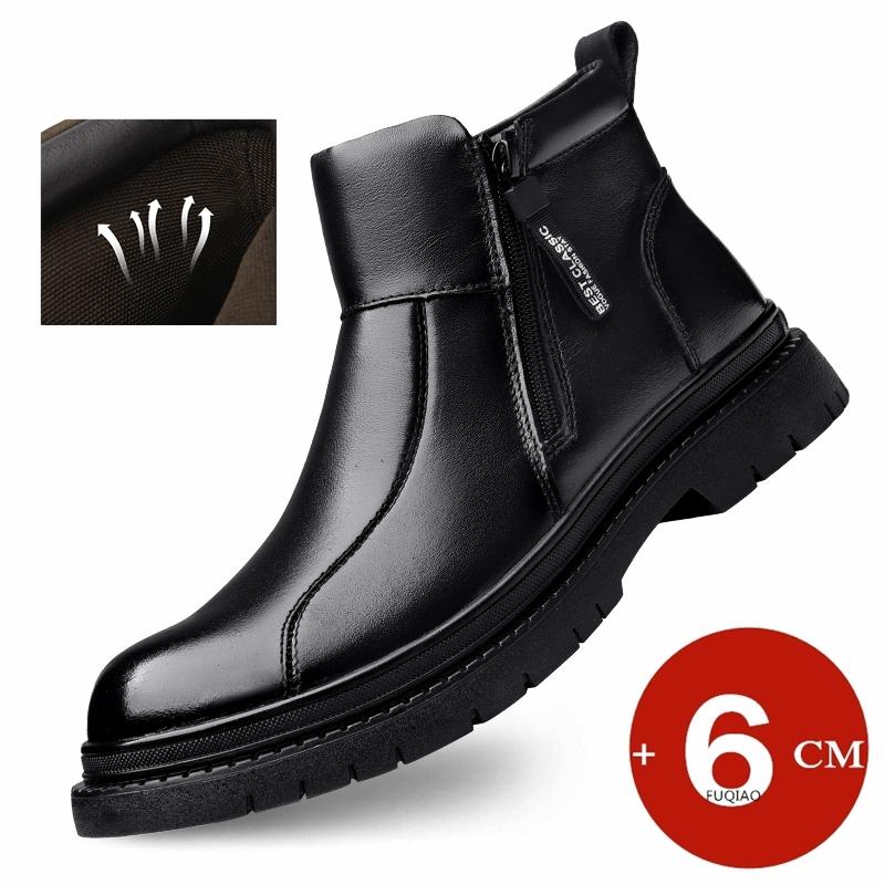 Herren Kuhleder Höhensteigernde Stiefel 6CM Seitenreißverschluss Hoher Schaft Winter Aufzugsschuhe Warme Wolle Fleece Gefüttert Knöchelhohe Stiefel für Herren
