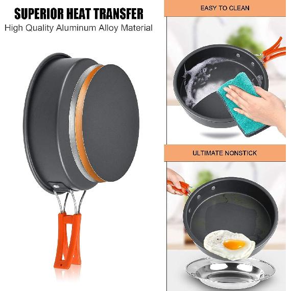 Camping Cooking Set Camping Cookware Outdoor Aluminum Mess Kit with Frying Pan, Pot with Lid, 1.2L Kettle Set and 2 Stainless Steel Plate, 2 Folding
