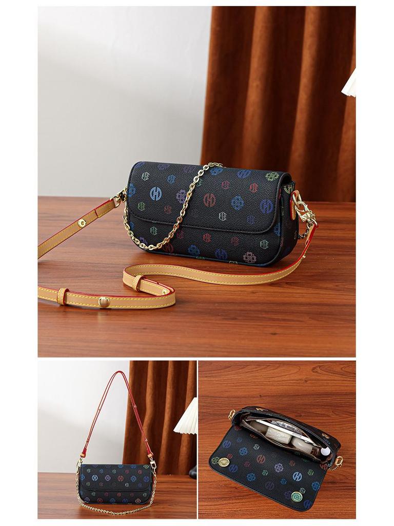 Women's 2025 Versatile Color Block Chain Bag: Small Retro Print Crossbody & Shoulder Bag