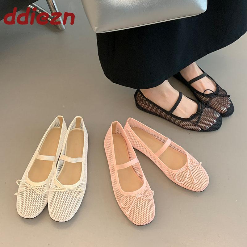 Fashion Pink Fashion Mesh Breathable Ladies Flats Mary Janes Shoes Female Shallow Footwear Butterfly-Knot Women Ballet Flats Shoes