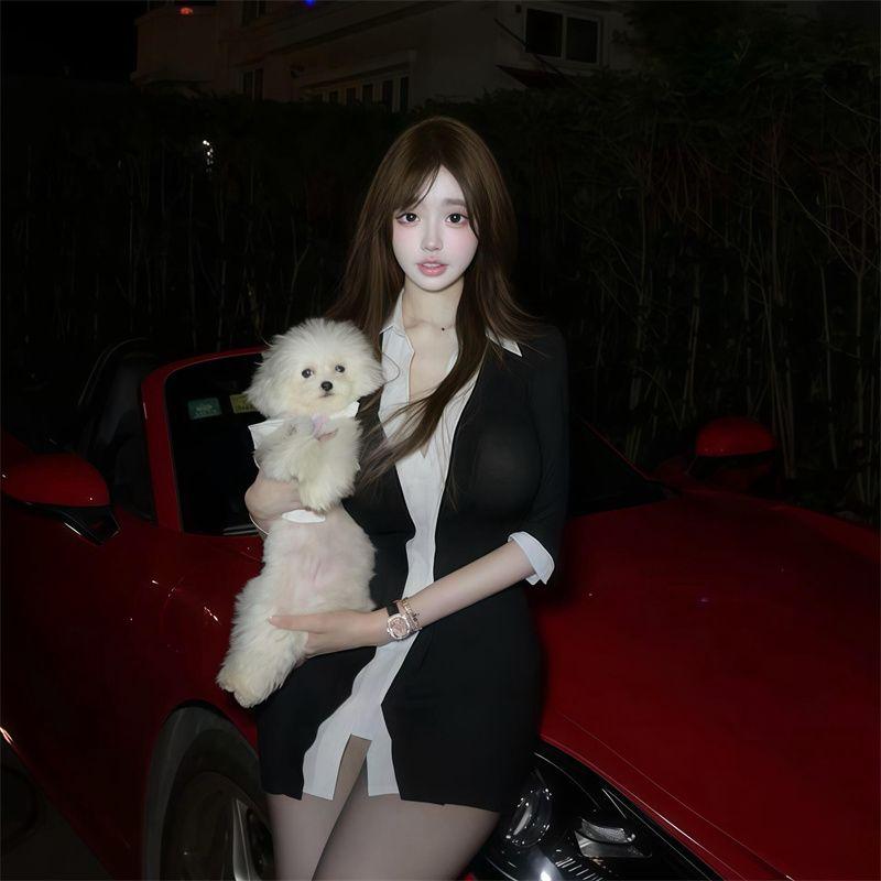 

South Korea Shirt Dress Lapel Fake Two Pieces Design Slim Looking Short Skirt Tight Half-Sleeved and Waisted Sheath Dress Women Black All yards