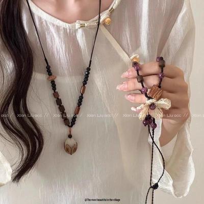 Zen-Inspired Wooden Beads White Jade Bodhi Necklace with Retro Niche Design – Long Sweater Chain for Women.