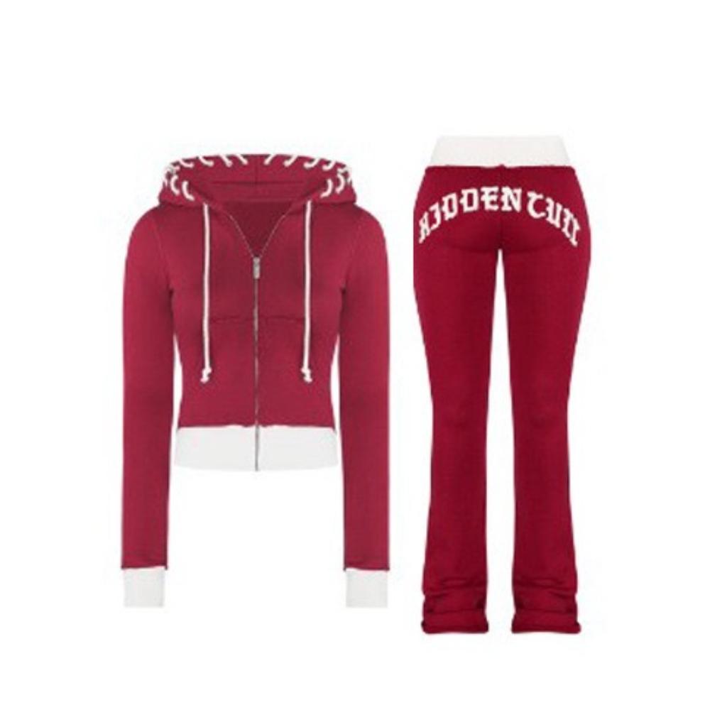 Autumn Winter Casual Sports Solid Color Splicing Knit Hoodie 2 Piece Sets Woman Outfit Pantsuits