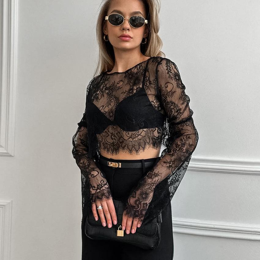 European and American women's clothing suit, sexy perspective brocade lace, long-sleeved short top, skirt, fashionable and casual two-piece set