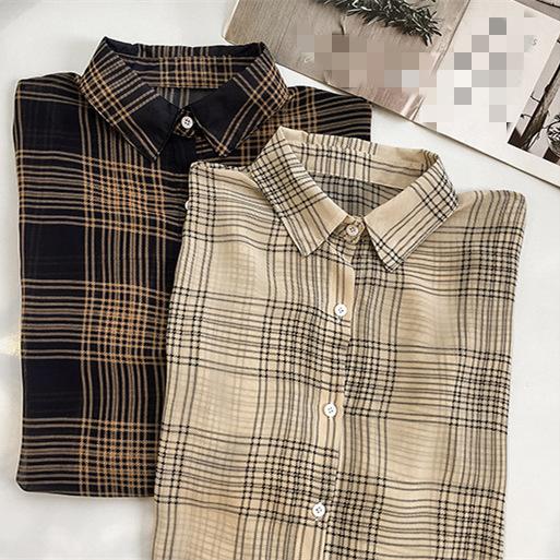 Fashion Versatile Korean Version of Women's Clothing New Chic Loose BF Plaid Shirt Women's Long-sleeved Hong Kong Top Han Fan Lining