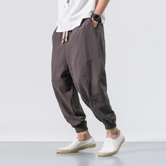 Summer Men Harem Pants Loose Ankle Length Pockets Pure Color Plus Size Japanese Style Deep Crotch Casual Daily Wear Long Trousers
