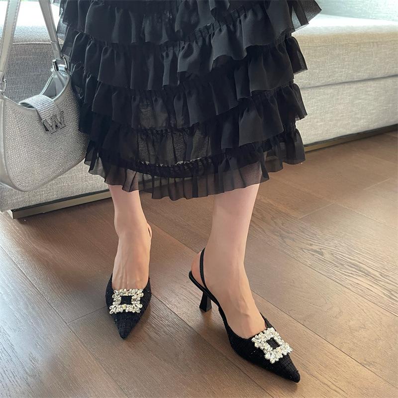 Baotou sandals women's summer thin heel high heel square buckle rhinestone pointed head shallow mouth rear empty single shoes women