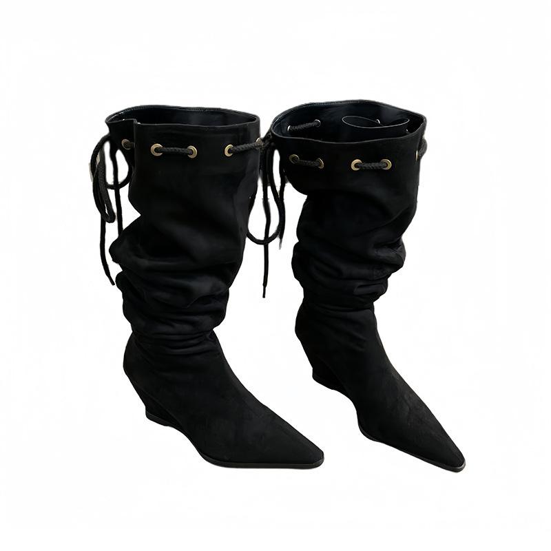 Miting Pointed Pile Boots Women's Boots 2025 Autumn and Winter Heel Suede Strap Pleated Retro Tall Knight Boots