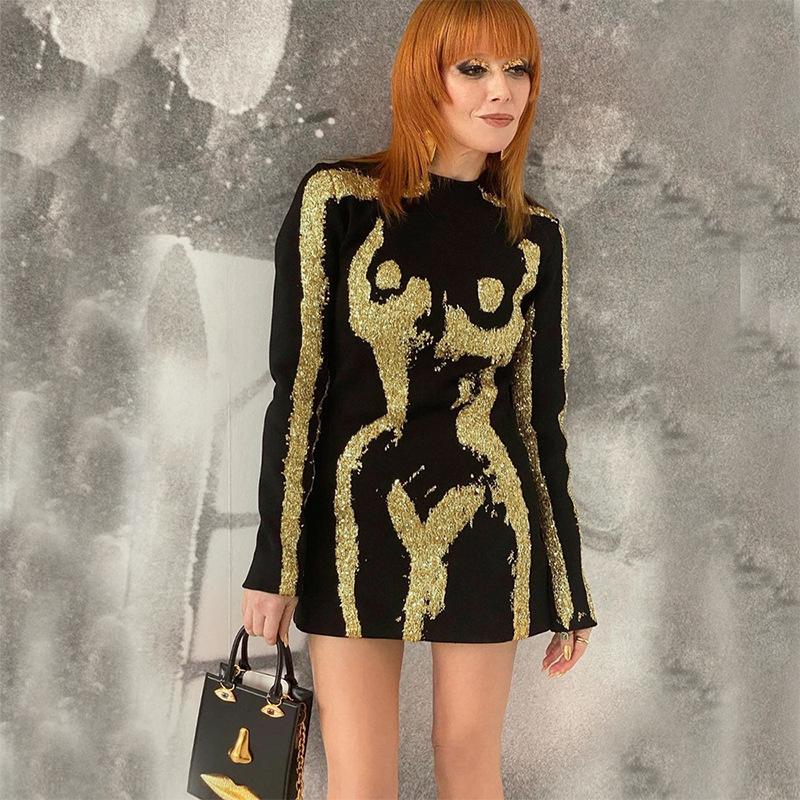 Women Sexy Long Sleeved Black Gold Mini Dress Women’s Solid Wrapping Skirt Party  Dress