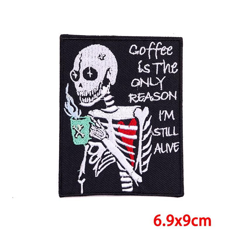 Drinking Coffee Skeleton Patches Skull Finger Letter Embroidery Patch For Clothing Thermoadhesive Patches On Clothes Punk Patch