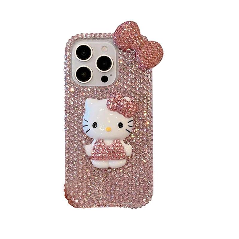Full Diamond Kt Cat Bow For Iphone17Pro Mobile Phone Case Apple 16 Rhinestone 14Plus Premium Sense 15