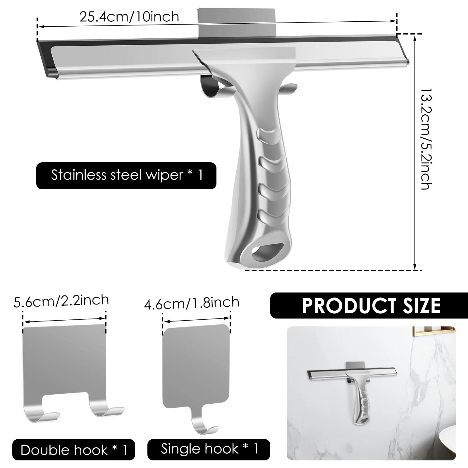 Shower Squeegee Stainless Steel Window Squeegee with 2 Hooks Multi Purpose Glass Tile Cleaning Tool Home Glass Mirror Squeegee серебряный