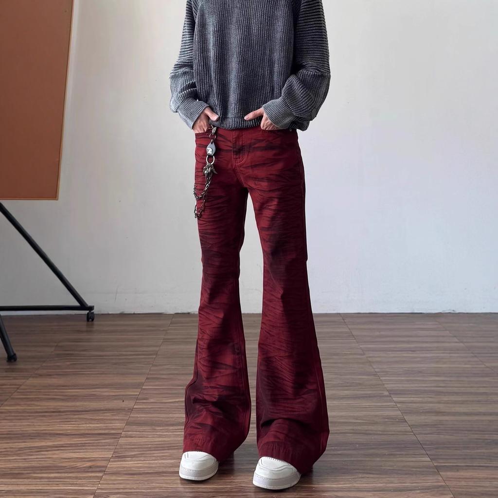 JYL Men's Flare Jeans American New Red Vintage Cleanfit High-Street Denim Pants
