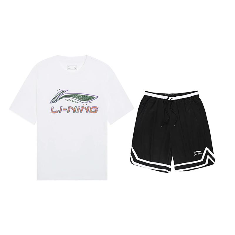 Li-Ning Graffiti Logo Printed Pullover Round Neck Short Sleeve Casual Sports Suit Unisex Suit White Black AHSUB03-2+YAPV001-1