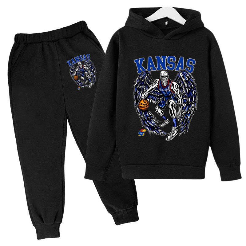 Autumn Winter Kansas Jayhawks Skeleton Winged Basketball Printed Hoodies Sweatpants Set Casual Warm Sports Long Sleeved Pants Men's Sport Wear