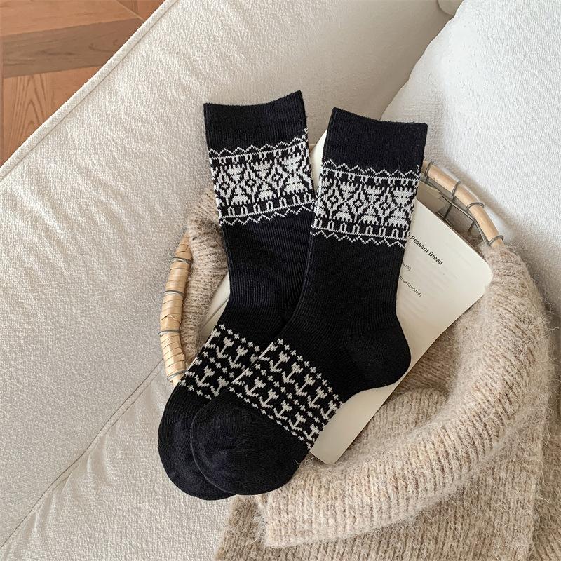 Female Autumn Retro Stitching Striped National Wind Drum Stack Socks
