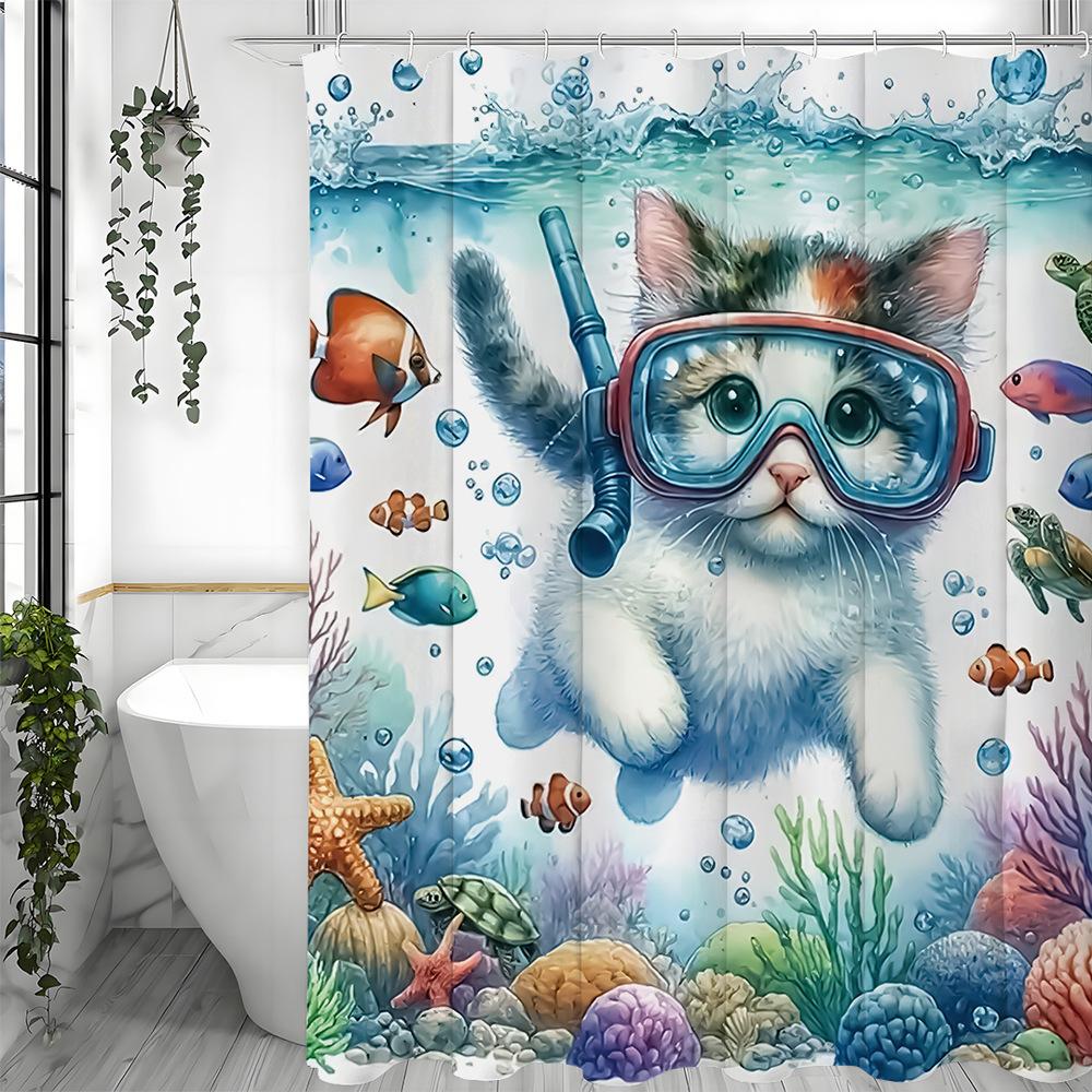 Cat Diving in the Underwater World Shower Curtain Washable Dirt-Resistant Shower Head waterproof Polyester Bath Curtain