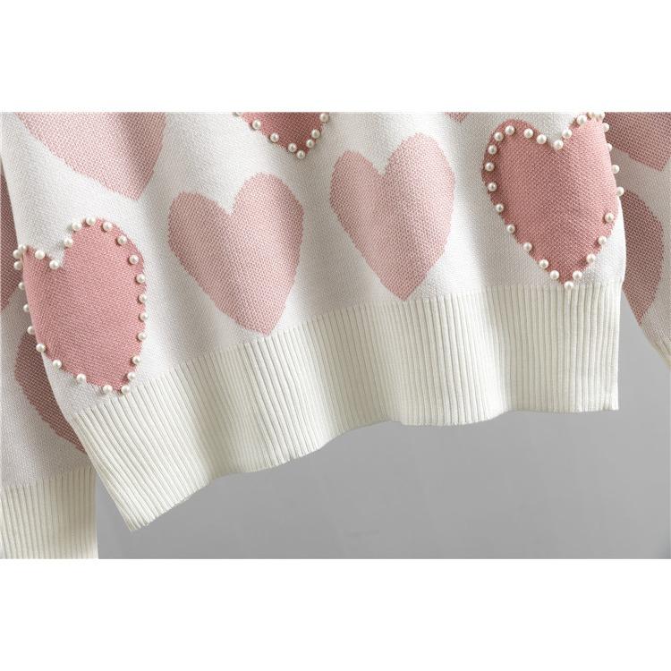 Vår og høst strikket dress for kvinner Kjærlighetsperler Temperament Mote Fresh College Style Strikkede toppbukser Todelt sett