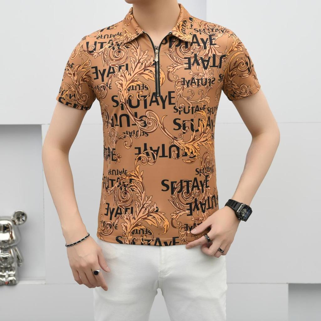 2025 Summer New Retro Trend Men's Full Floral Print Thin Half-Zip Slim Fit Short Sleeve Top